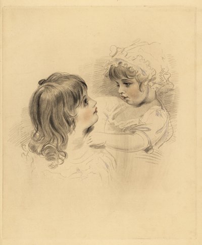 Portræt af to børn. Den ældste holder et modvilligt yngre barn i motorhjelm og kjole. Håndtonet gravering af Frederick Christian Lewis efter en illustration af Sir Thomas Lawrence fra P.G. Patmore