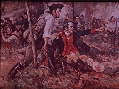 Slaget ved Oriskany i 1777, ca. 1930 (farve litho) af Frederick Coffay (after) Yohn