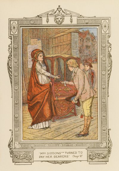 "Fru Siddons vendte sig om for at betale sine bærere" (farvelitografi) af Frederick Colin Tilney