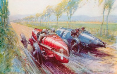 Felice Nazzaro vandt Grand Prix i 1922 og håndterede en af de nye og meget hurtige Fiats (farve litho) af Frederick Gordon (after) Crosby