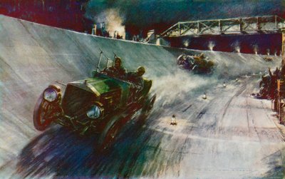I 1907 lykkedes det S F Edge, der kørte Napier enhånds, at holde 60 mph i 24 timer, den første rekord på den nye Brooklands-bane (farve litho) af Frederick Gordon (after) Crosby