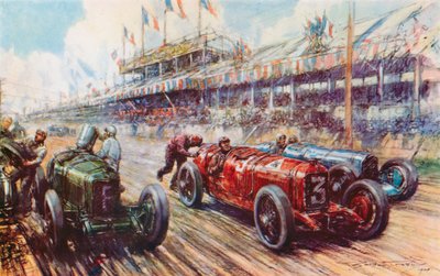 I 1924 Grand Prix førte Ascaris Alfa Romeo løbet næsten til mål, kun for at tabe, fordi motoren ikke ville genstarte efter et pitstop (farve litho) af Frederick Gordon (after) Crosby