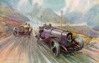 K Lee Guinness med solstrålen i det to-dages 600-mile Tourist Trophy-løb på Isle of Man, som han vandt med 56,44 mph (color litho) af Frederick Gordon (after) Crosby