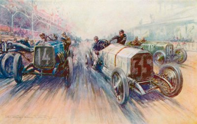 Lautenschlager hvid Mercedes i 1908 Grand Prix, et løb, hvor dæk blev brugt i enorme mængder (farve litho) af Frederick Gordon (after) Crosby