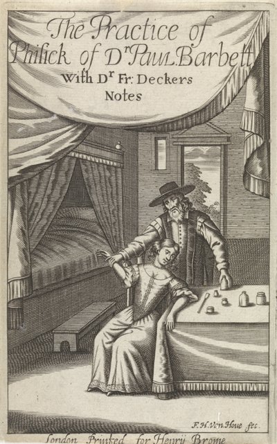 Læge med ung kvinde i et interiør Titelside for: Dekkers, F., The Practice of Phisick of Dr. Paul Barbett af Frederick Hendrick van den Hove
