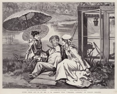 De engelske skuespillere Irene Vanbrugh, John Lawrence Toole og Mary Ansell i en produktion af J M Barries skuespil Walker, London, på Toole