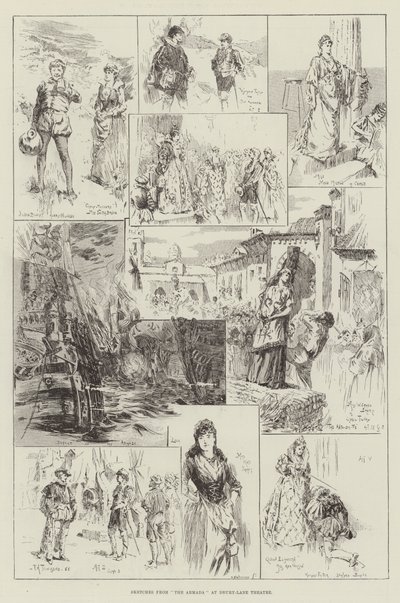 Skitser fra The Armada på Drury-Lane Theatre af Frederick Henry Townsend