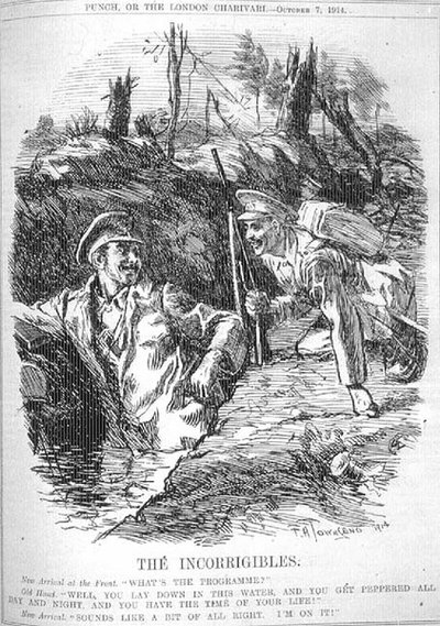 De uforbederlige. Ny ankommet til Fronten; "Hvad er programmet?", Old Hand; "Nå, du lægger dig ned i dette vand, og du får peppet hele dagen og natten, og du har dit livs tid!" Ny ankomst; "Lyder som lidt i orden. Jeg er i gang!" fra 