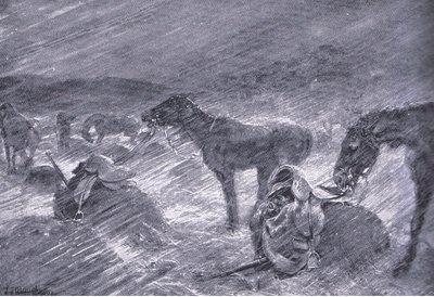 En sydafrikansk haglstorm, fra After Pretoria: The Guerilla War udgivet af Harmsworth Bros Limited, 1901 af Frederick Judd Waugh