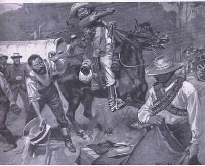 Boerernes behandling af fredsudsendinge: The flogging of Margendaal, fra After Pretoria: The Guerilla War udgivet af Harmsworth Bros Limited, 1901 af Frederick Judd Waugh