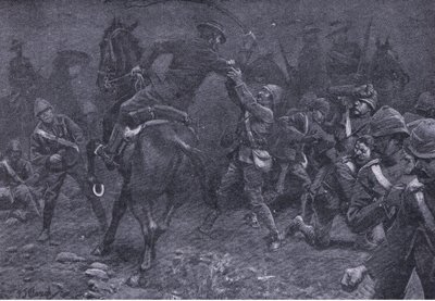 Major Boole-Smith tackler De Wet, fra After Pretoria: The Guerilla War udgivet af Harmsworth Bros Limited, 1901 af Frederick Judd Waugh