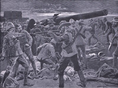 Angrebet på Gun Hill: Gunners of the Naval 47 overraskede, fra After Pretoria: The Guerilla War udgivet af Harmsworth Bros Limited, 1901 af Frederick Judd Waugh