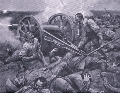 Forsvaret af Dewetsdorp: at arbejde med en 15-pundskanon egenhændigt, illustration fra Efter Pretoria: Guerillakrigen, 1902 af Frederick Judd Waugh
