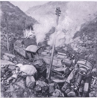 Ødelæggelsen af et pansret tog nær Vlakfontein, illustration fra After Pretoria: The Guerilla War, 1902 af Frederick Judd Waugh