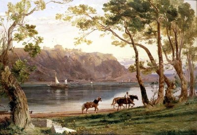 Flodlandskab med pramheste af Frederick Lee Bridell