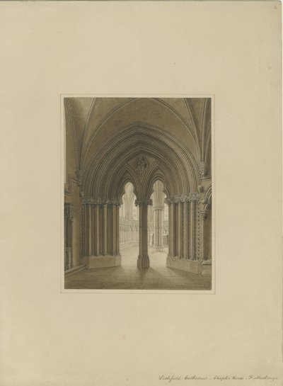 Interiør af Lichfield Cathedral - Chapter House-døråbning: sepia-tegning og [c 1820] af Frederick Mackenzie