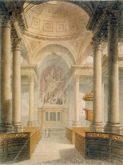 Interiør af Church of St Stephen Walbrook, City of London, 1810 af Frederick Mackenzie