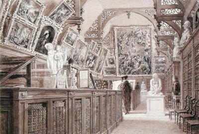 Interiør af Old Perse School, med et udvalg af Lord Fitzwilliams legat vist (blyant, pensel og vask på papir) af Frederick Mackenzie