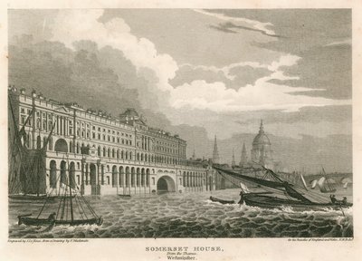 Udsigt over Somerset House, The Strand, London, fra Themsen, Westminster af Frederick Mackenzie