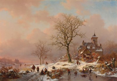 Vinterlandskab med figurer, der leger på isen, 1868 af Frederick Marianus Kruseman