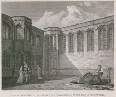 En sydvestlig udsigt over den vigtigste firkant eller gårdhave i Crosby Hall af Frederick Nash
