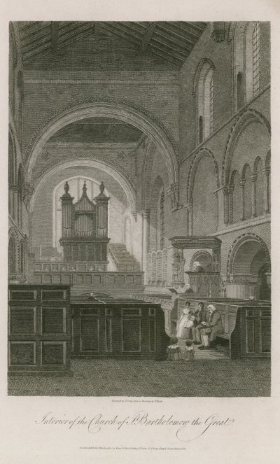 Interiør af St Bartholomew den Store Kirke af Frederick Nash