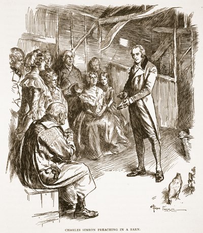 Charles Simeon prædiker i en lade, illustration fra 