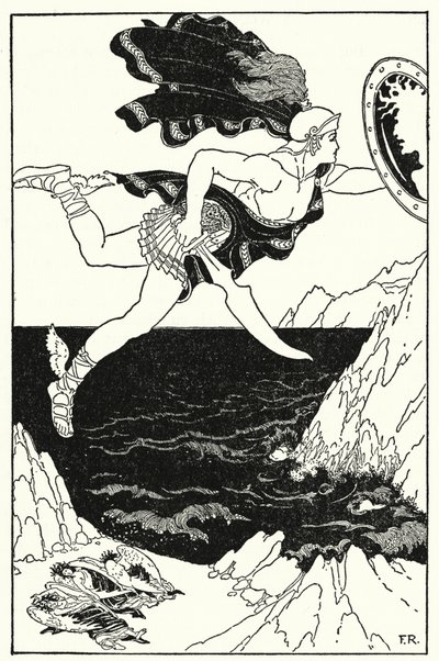 Perseus fløj forsigtigt nedad og holdt stadig øjnene på Medusas ansigt, som det reflekterede i hans skjold (litho) af Frederick Richardson