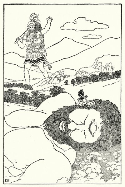 Pygmæen råbte ind i Antaeus øre, at en anden kæmpe var på vej (litho) af Frederick Richardson