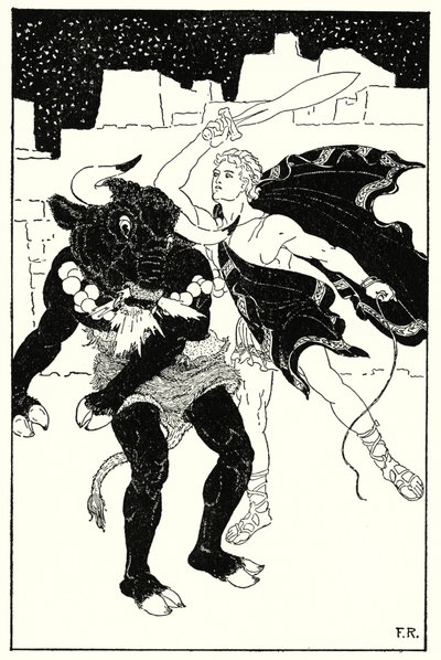 Der fulgte den mest forfærdelige kamp mellem Theseus og Minotaurus, der nogensinde er sket (litho) af Frederick Richardson