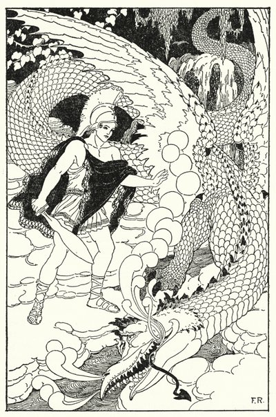 Da dragen fik øje på Cadmus, satte han endnu et afskyeligt sus op (litho) af Frederick Richardson