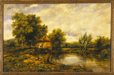 Et flodlandskab med en lystfisker ved en mølle af Frederick Waters Watts