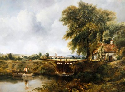 Dedham Lock (olie på lærred) af Frederick Waters Watts