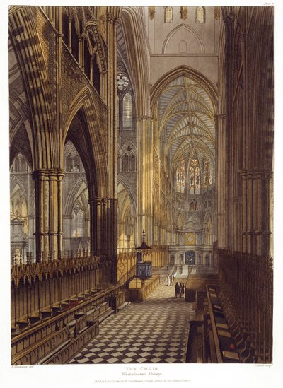 The Choir, plade 7 fra Westminster Abbey, indgraveret af J. Bluck (fl.1791-1831) pub. af Rudolph Ackermann (1764-1834) 1811 (akvatinte) af Frederick after Mackenzie