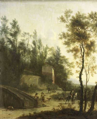 Italiensk landskab med jægere af Frederick de (manner of) Moucheron
