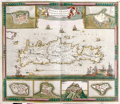 Kort over øen Kreta, med udsigt over de befæstede byer La Cane og Heraklion og fæstningerne Spinalonga, Retino, Thine og Souda (ætsning af Frederick de Wit