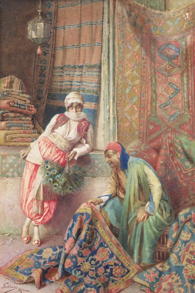 Forhandling med tæppesælgeren, ca. 1875 (wc på papir) af Frederico Ballesio