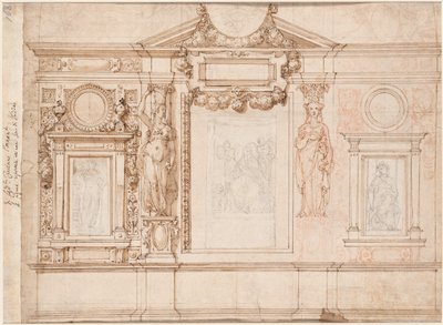 Design til en vægdekoration med indsatte skitser efter Raphael (verso) af Frederico Zuccaro