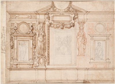 Design til en vægdekoration med indsatte skitser efter Raphael verso, ca. 1580