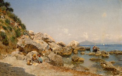 På stranden, Capri med Vesuv i baggrunden af Frederico del Campo