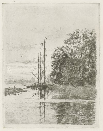 Flodudsigt med to skibe og en pram. af Fredericus Jacobus van Rossum du Chattel (signed by artist)