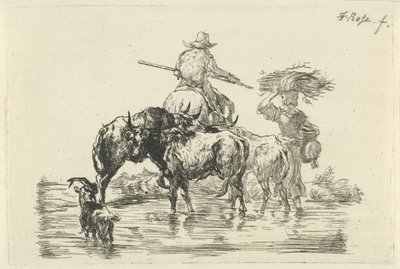 Hyrde og hyrdinde vader gennem et vandløb af Frederik Cornelis Rose