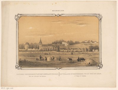 Udsigt over Oosterbeek med figurer, der laver hø Landsbyen Oosterbeek kan ses fra Rijnkant. En time væk fra Arnhem. (titel på objekt) Gelderland (serietitel på objekt) af Frederik Lodewijk Huygens