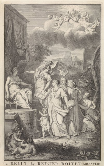 Minerva and the Arts for en tronende figur Titelside for: The Groot Natuur- en Zedekundigh Wereldtoneel, Delft, R. Boitet, 1743 af Frederik Ottens