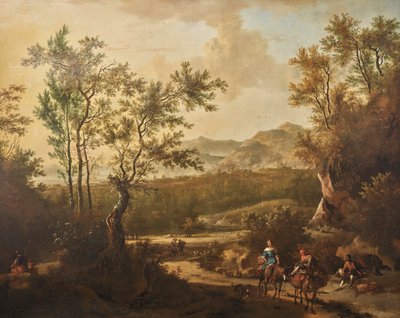 Et italiensk landskab med ryttere på en landevej af Frederik de Moucheron