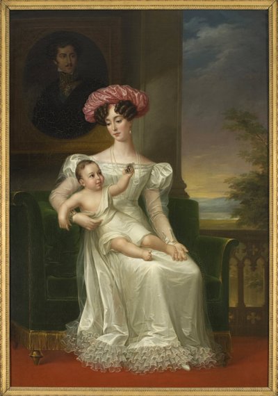 Josephine af Leuchtenberg, dronning af Sverige og Norge (med sin søn Karl XV i armene, siddende foran et portræt af kong Oscar I) - Portræt af Josephine af Leuchtenberg (1807-1876), dronning af Sverige og Norge, af Westin , Fredric (1782-1862). Olie på c af Fredric Westin