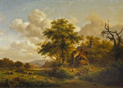 Et roligt landskab med kvinder, der vasker sig ved et vandløb, og kvæg og får, der hviler sig. af Fredrik Marinus Kruseman
