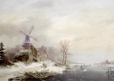 Hollandsk: Vinterlandskab med landsby, vindmølle og figurer Vinterlandskab med landsby, vindmølle og figurer af Fredrik Marinus Kruseman
