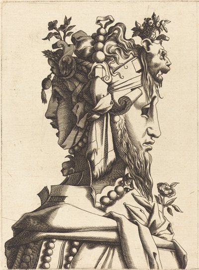 Buste af en kvinde i et ekstravagant kostume af French 16th Century after René Boyvin or Pierre Milan