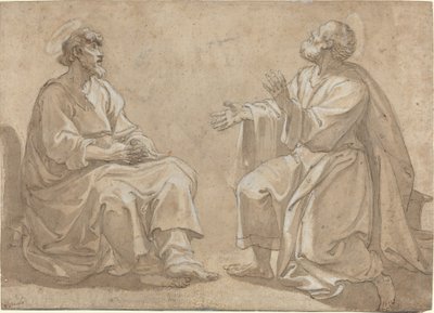 To siddende hellige af French 17th Century